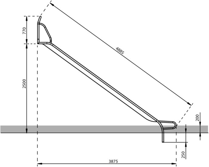 RVS glijbaan 250 cm met beugel zij aanzicht