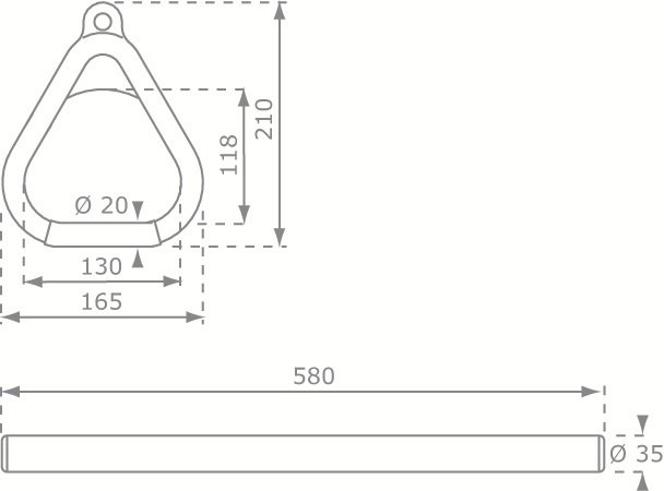 Houten trapeze met kunststof driehoeksringen technische tekening