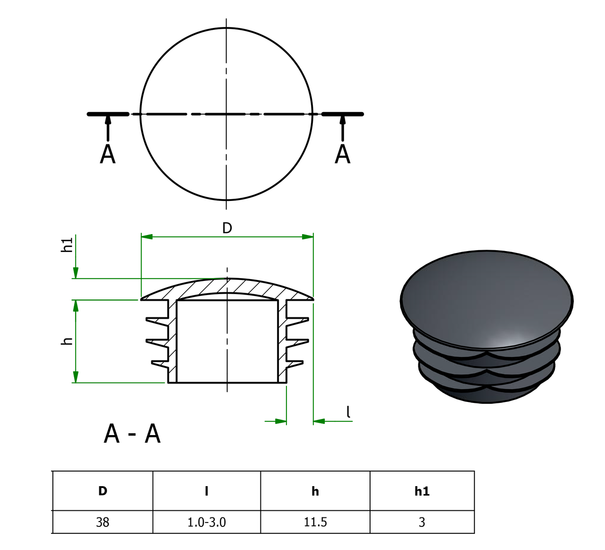 Verzinkte kunststof afdekdoppen zwart 38mm afmetingen specificaties 