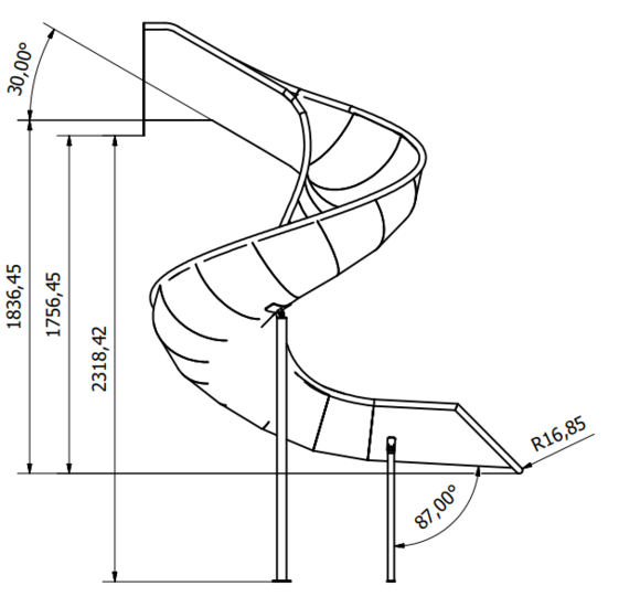 Tekening met afmetingen RVS Open Buisglijbaan Spiraal voor platformhoogte 200 cm vooraanzicht