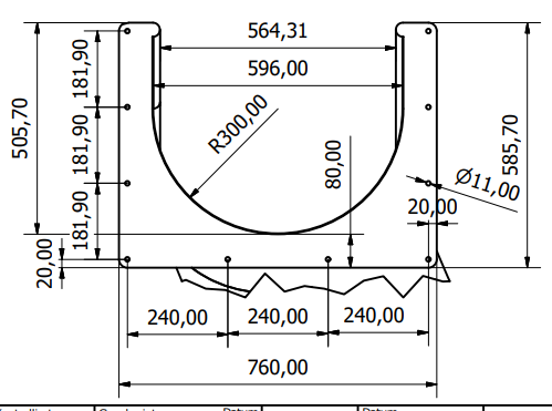 Tekening met afmetingen RVS Open Buisglijbaan Spiraal voor platformhoogte 200 cm ingang glijbaan