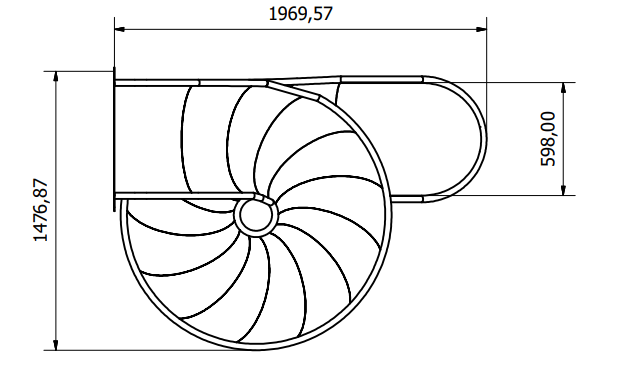 Tekening met afmetingen RVS Open Buisglijbaan Spiraal voor platformhoogte 200 cm bovenaanzicht
