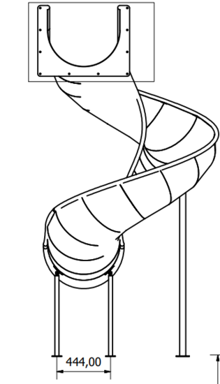 Tekening met afmetingen RVS Open Buisglijbaan Spiraal voor platformhoogte 200 cm zijkant