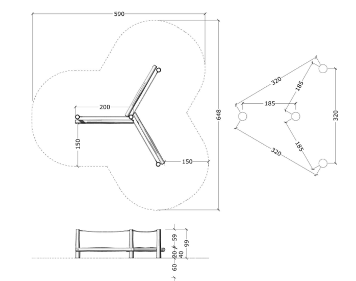 tekening met vrije ruimtes van de Robinia Balanceerboom Met Gewapend Touw Openbaar (Serie 29)