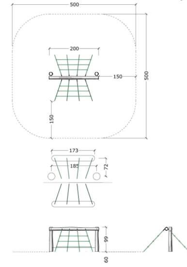 tekening met afmetingen van de Robinia Net in Gewapend Touw Openbaar (Serie 29)