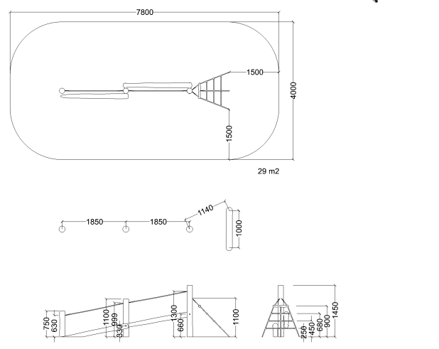 tekening met de afmetingen van de Robinia Balanceerbalken Schuin met Klimnet Openbaar (Serie 29)