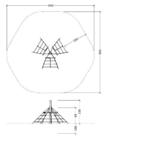 tekening met afmetingen van de Robinia Klimtoestel Piramide Openbaar (Serie 29)