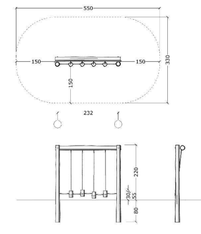 tekening met afmetingen van de Robinia Stapblokken Parcours Openbaar (Serie 35)