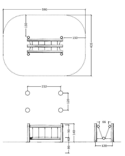 tekening met afmetingen van de Robinia Zwevende Balanceerbalk met Gewapend Touw Openbaar (Serie 35)