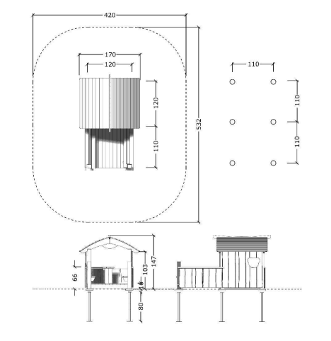 tekening met afmetingen van het Beren Speelhuisje met Veranda Openbaar