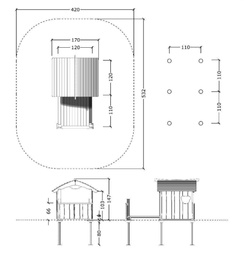 Afmetingen van het Douglas houten Beren Speelhuisje met Terras met balustrade én Bankjes