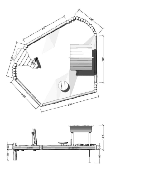 tekening met afmetingen van het Robinia Zandbak met Speelhuisje Openbaar