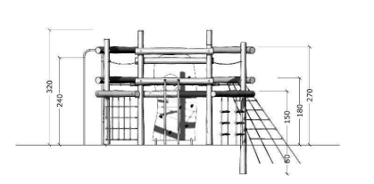 tekening 3 met afmetingen van het Robinia Zeshoekig Klimtoestel Openbaar (Serie 35)