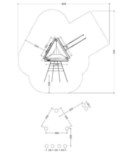 tekening bovenzijde van de Robinia Driezijdige Klimtoren Openbaar (Serie 35)