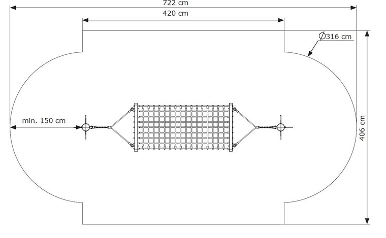 tekening met afmetingen van de Hangmat in gewapend touw