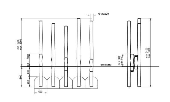 tekening zijaanzicht met afmetingen van de Robinia Stelten Openbaar 5 Stuks