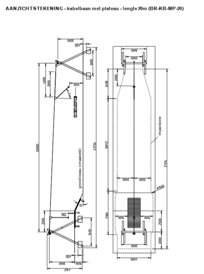 tekening 2 met afmetingen van de Robinia Kabelbaan met startplateau met geluidsarme staalkabel