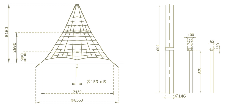 piramide net in gewapend touw 5.2m afmetingen tekening