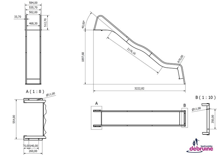 Afmetingen -RVS Glijbaan platformhoogte 150cm Wave