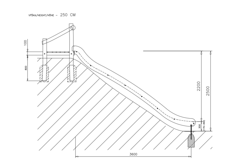 afmetingen Talud/platform 250cm met glijbaan gemaakt van RVS en Robinia hout