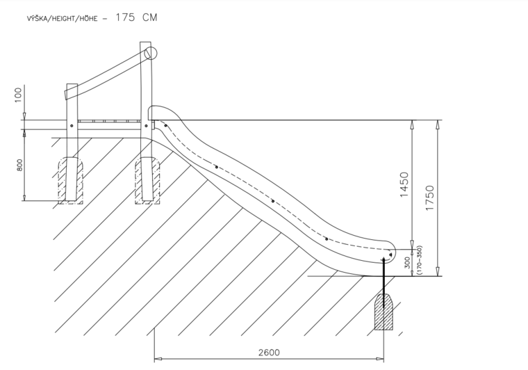 Afmetingen Talud/platform 175cm met glijbaan gemaakt van RVS en Robinia hout extra breed