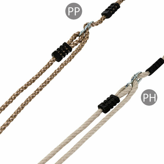 een afbeelding waarop duidelijk het verschil te zien is tussen pp touwen en ph touwen. De ph touwen zitten bij het Babyschommel