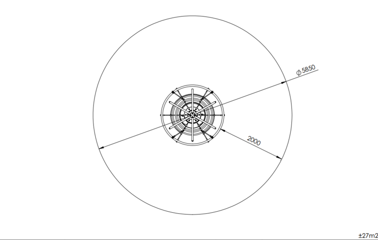 tekening met afmetingen en vrije ruimtes van de Europlay Draaimolen Saturnus Openbaar