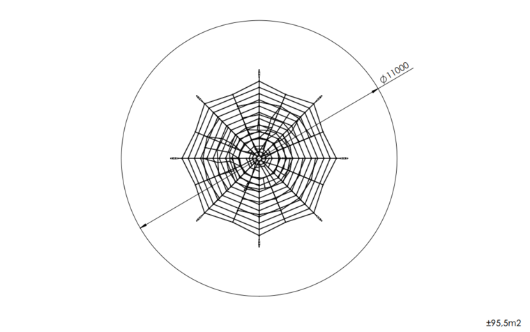 tekening met afmetingen en vrije zone&#039;s van het Europlay Piramidenet Venus 4,5 M