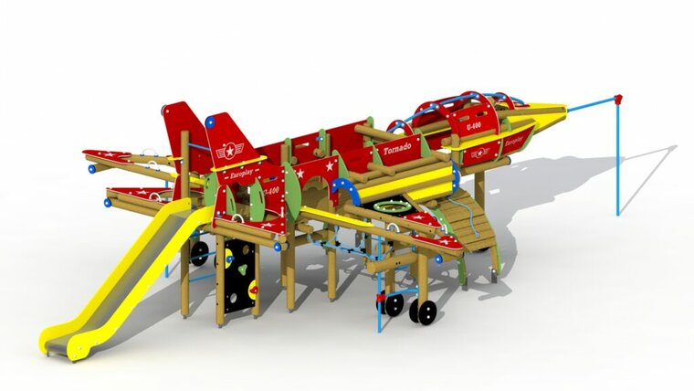 tekening van de rechterachterzijde van de Europlay Straaljager Tornado met een rvs glijbaan