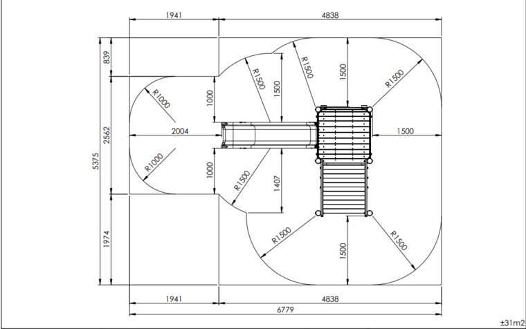 tekening met vrije ruimtes van de Europlay Speeltoren Glijtoren