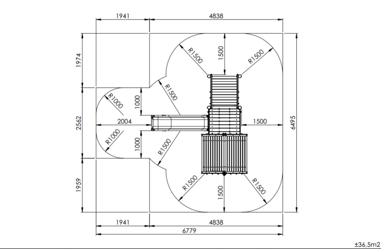 tekening met afmetingen van de Europlay Speeltoren Paalwoning met rvs glijbaan