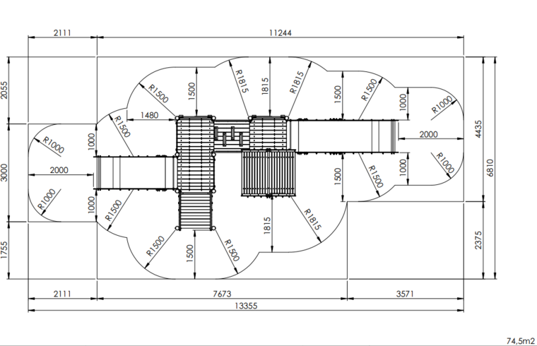 tekening met afmetingen en vrije ruimtes van het Europlay Zeeroverskasteel met 2 glijbanen