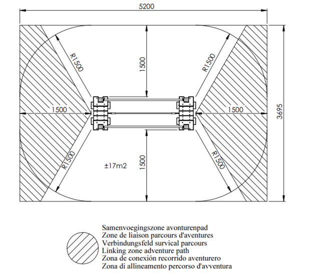 tekening met vrije ruimtes van de Europlay Evenwichtstouw Apenbrug