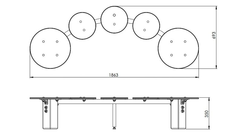 tekening met afmetingen van de Europlay Sprookjesbank - 5 zittingen