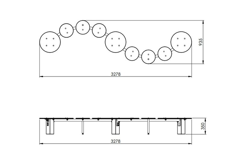 tekening met afmetingen van de Europlay Sprookjesbank - 9 zittingen