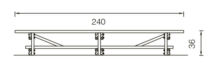 tekening met afmetingen van de Europlay Kleuterzitbank 240 cm