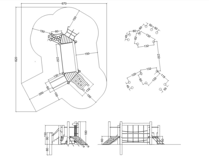 tekening met afmetingen en vrije ruimtes van het Robinia Peuter speeltorentje II