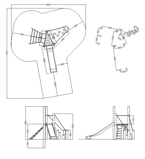 tekening met afmetingen en vrije ruimtes van de Robinia Speeltoren met RVS glijbaan