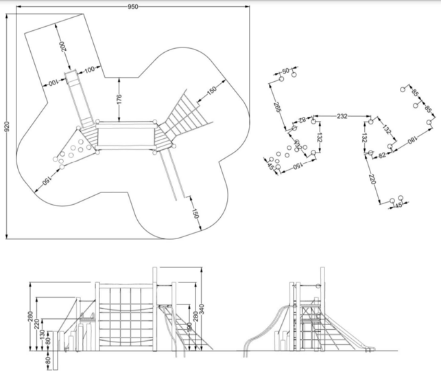 tekening met afmetingen en vrije ruimtes van de Robinia Speeltoren met RVS glijbaan, glijpalen en klimelementen