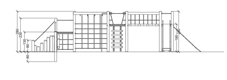 tekening met afmetingen van het Robinia Klimtoestel met RVS glijbaan