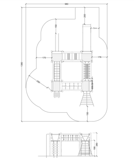 tekening met afmetingen en vrije ruimtes van het Robinia Klimtoestel met 4 platformen