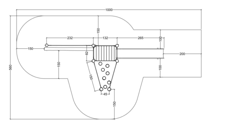 tekening met vrije ruimtes van de Robinia Speeltoren met RVS glijbaan en loopbalk