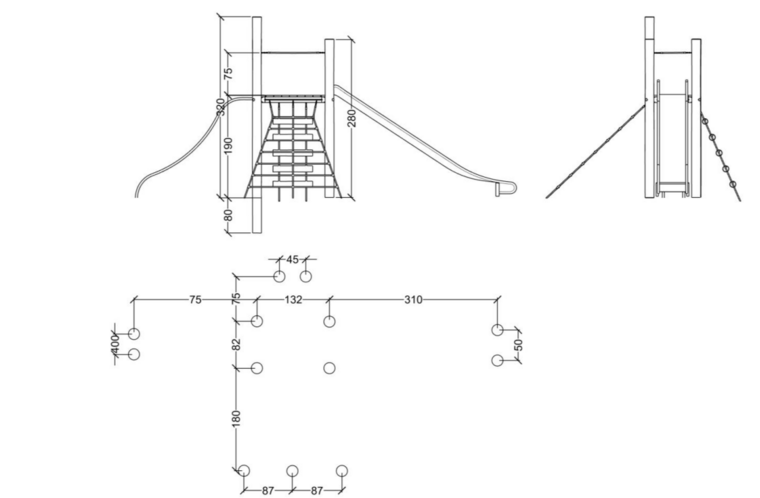 tekening met afmetingen van de Robinia Speeltoren met RVS glijbaan, glijpalen, klimnet en touwladder