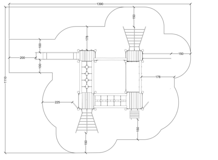 tekening met vrije ruimtes van het Robinia Klimtoestel met 4 platformen