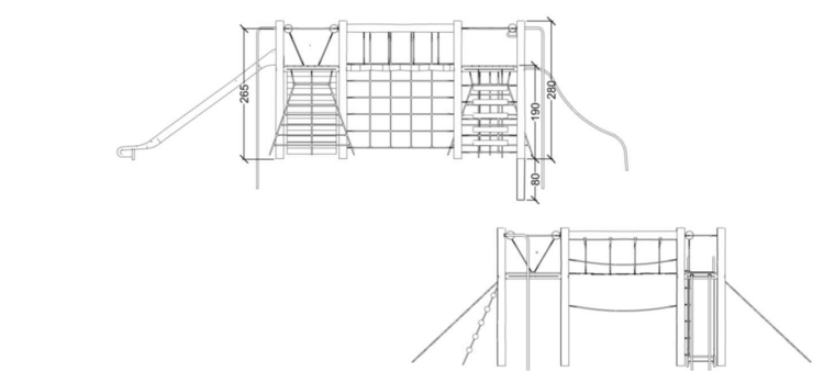 tekening met afmetingen van het Robinia Klimtoestel met 4 platformen