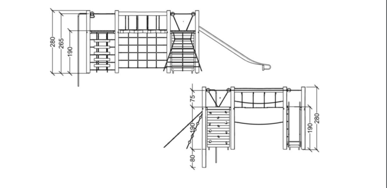 tekening met afmetingen van het Robinia Klimtoestel met 4 platformen II