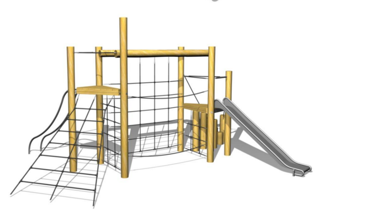 tekening van de achterkant van de Robinia Speeltoren met RVS glijbaan, glijpalen en klimelementen