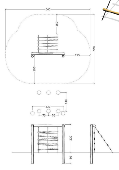tekening met afmetingen en vrije ruimtes van het Robinia Dubbele Klimwand met schuine houten sporten (Serie 35)