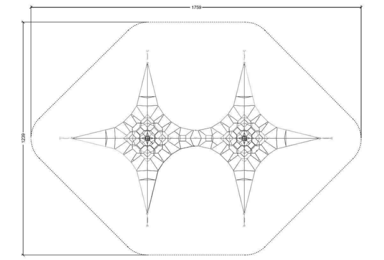 tekening met afmetingen en vrije ruimtes van het Dubbel piramidenet 4M Openbaar gebruik