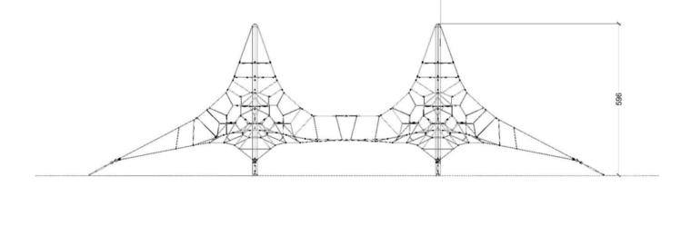 tekening van de zijkant van het Dubbel piramidenet 6M met afmetingen en vrije ruimtes